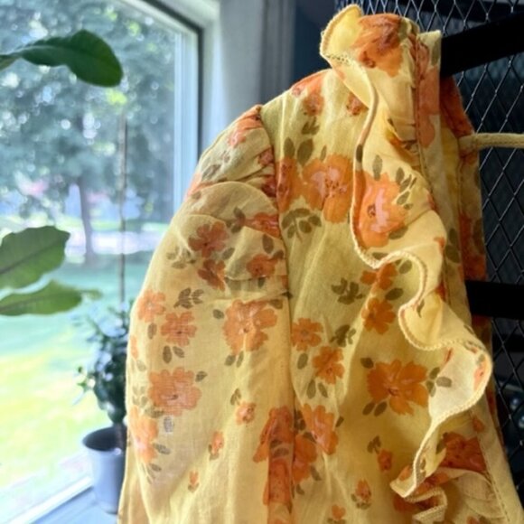 Free People Yellow Floral Print Blouse Ruffles Ruching Balloon Sleeve Small NWT - Picture 6 of 16